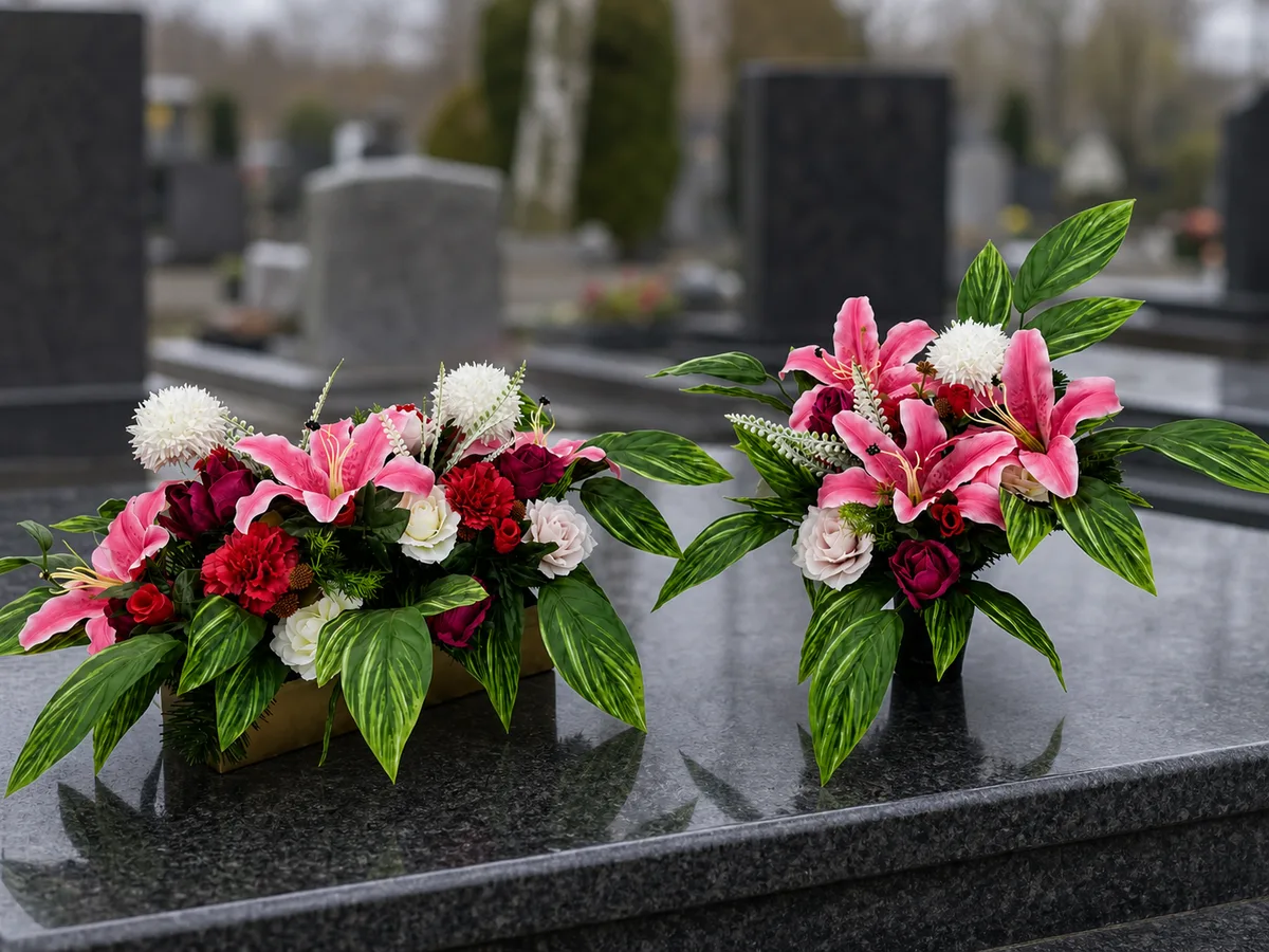 Różowo-bordowa duża kompozycja kwiatowa z liliami i bukiet do wazonu — aranżacja na cmentarzu